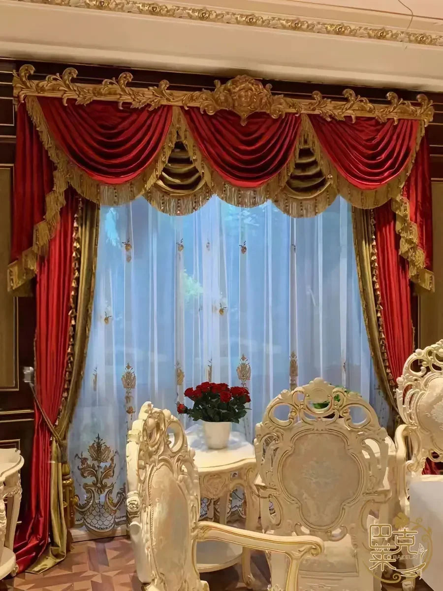 Gold Red Embroidered Window Screen Velvet Splicing Thickened Curtains for Living Room Bedroom French Balcony Villa Valance
