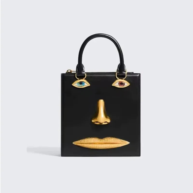 Gold-Tone Leather Face Bag Geometric Motif — Gold | KIMLUD