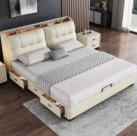 Pure White Nordic Style Oak Panel Queen Bed Frame Steel Frame Cama Modern Bed Queen Size Bed
