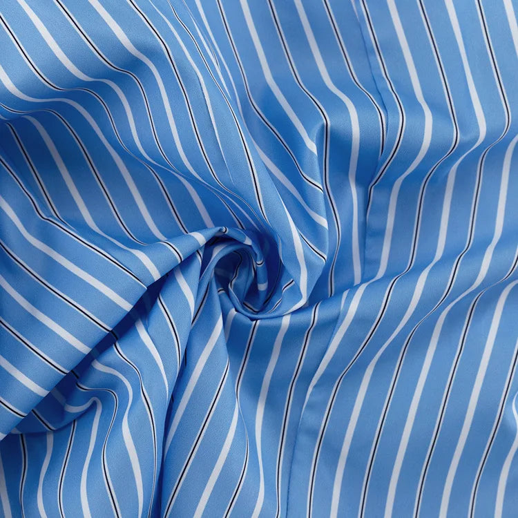 Polyester Striped Blouse Pointed Collar Long Sleeve — Blue Pinstripe | KIMLUD