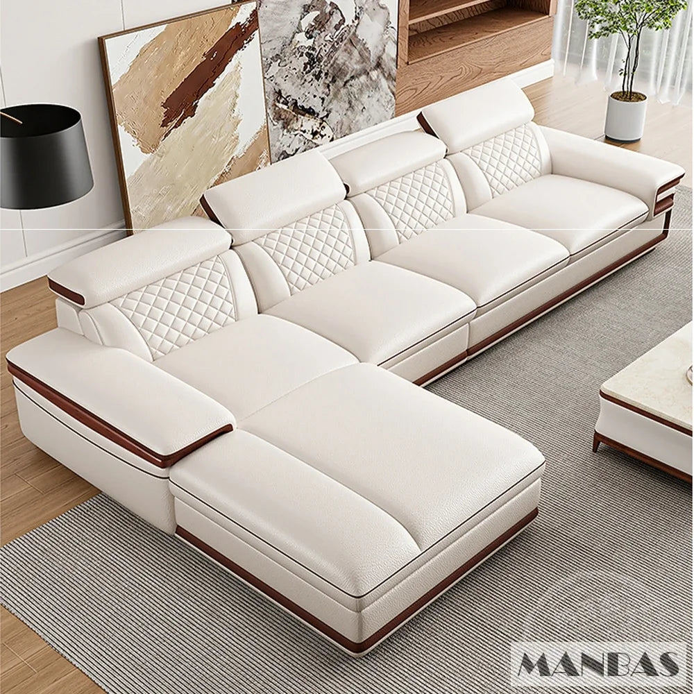 Genuine Italian Leather Sofa Set With Adjustable Headrests — Ivory | KIMLUD