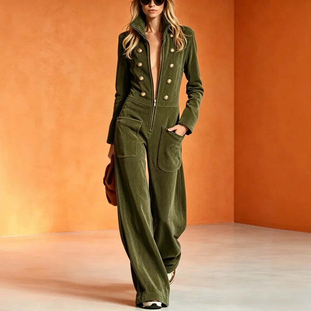 Jumpsuit - Front Zip Stand Collar - Wide Leg Silhouette - Mid Waist | KIMLUD