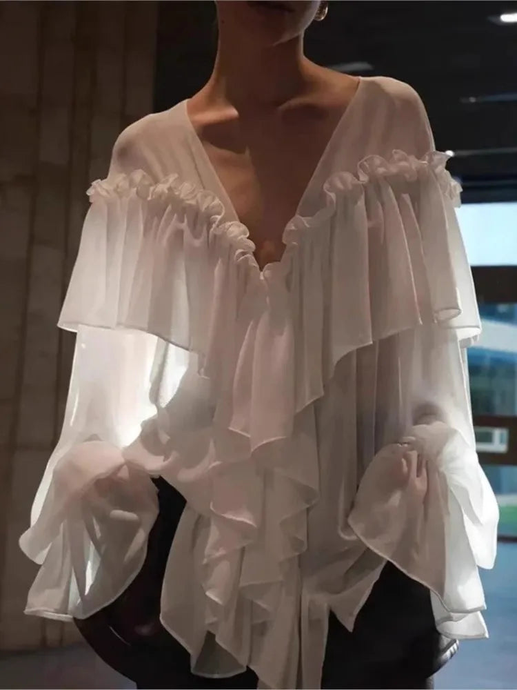 Chiffon Top – See-Through V-Neck Long Sleeve – Solid Color | KIMLUD