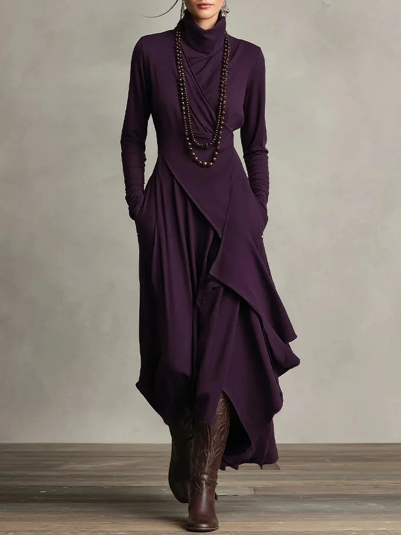 Dresses Cross Turtleneck A-Line Slim Fit — Solid Color | KIMLUD