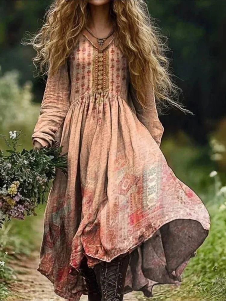 Boho Vintage Print Long Dresses For Women 2025 Casual V Neck Full Sleeve Splice High Waist Loose Dress Autumn Fashion Vestidos