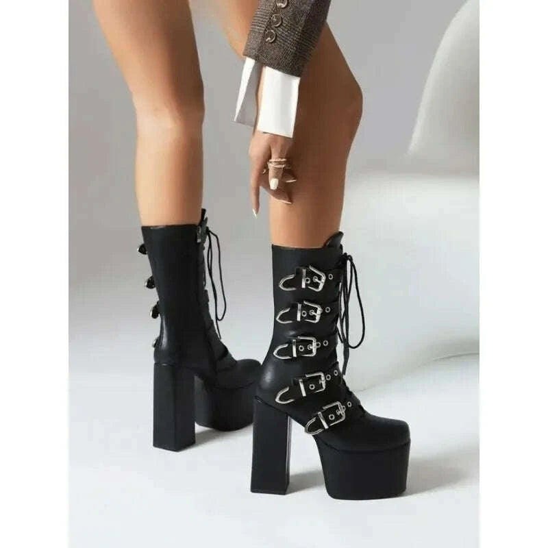 KIMLUD, New Punk Goth Women Motorcycle Boots High Heeled Knee High Platform Shoes Heart Buckle Lace Up Luxury Trendy Winter Street Boots, KIMLUD Womens Clothes