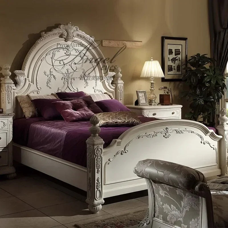 Solid Wood Carved Bed Antique French Style — Ivory | KIMLUD