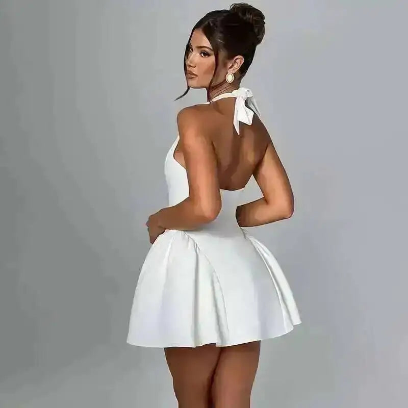 Townlike Waist Wrap A-line Pleated Dress Women Halter Mini 2024 Summer Dress V Neck Backless Nightclub Sexy Party Dresses