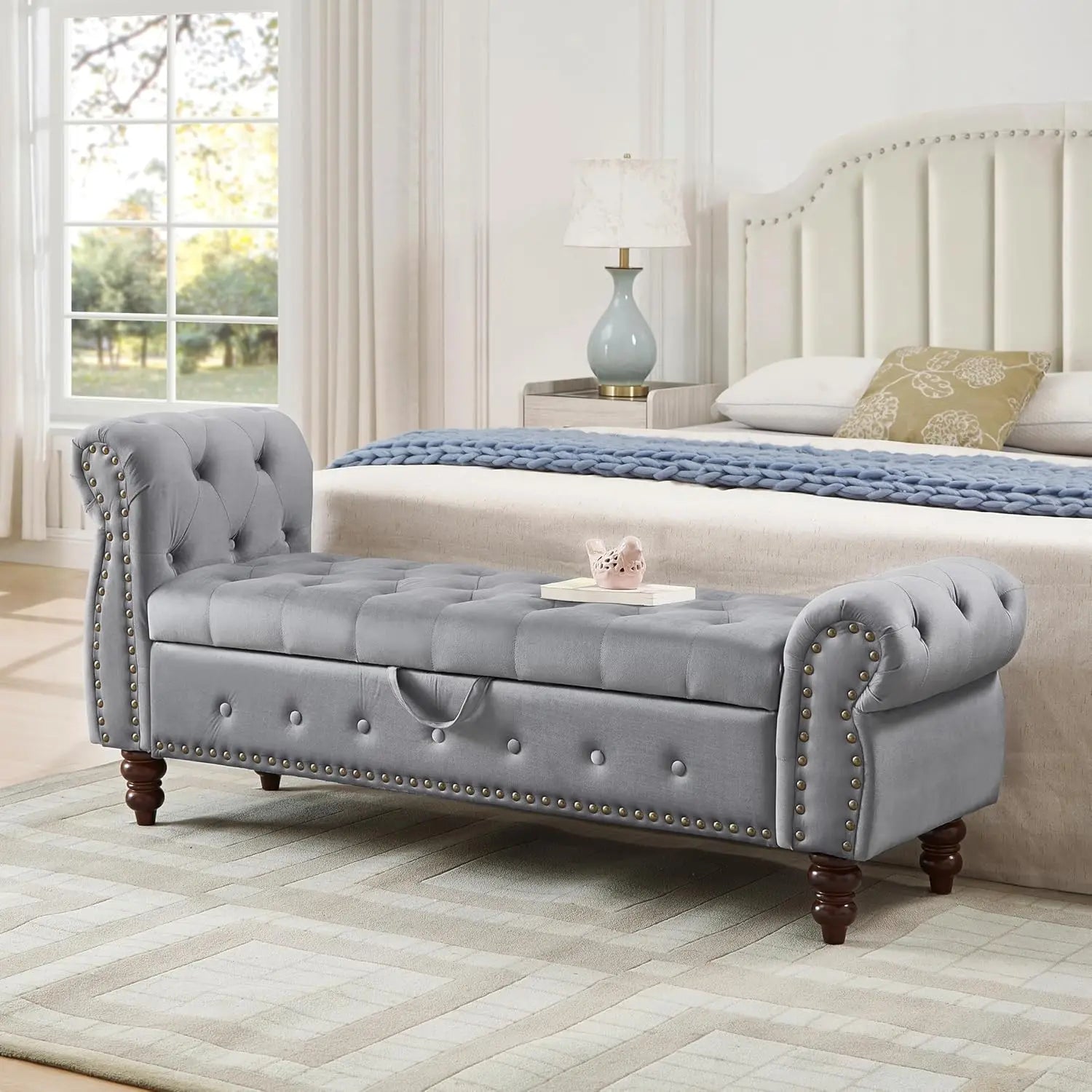 Velvet Storage Bench, End of Bed Storage Bench with Rolled Armrest, Entryway Ottoman with Nailhead Trim and Button Tufting, Stor