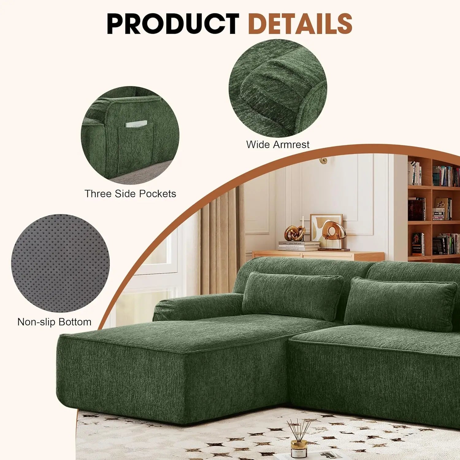Chenille L-Shaped Sectional Sofa Left-Facing 102in — Moss Green | KIMLUD