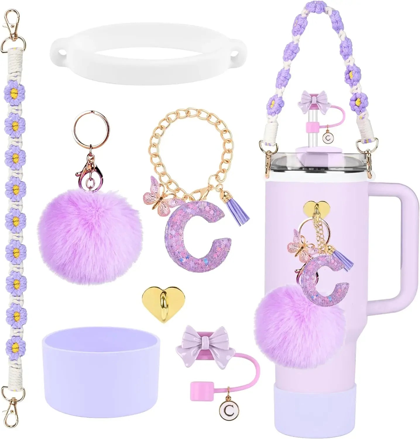 7PCS Accessories Set for Stanley Cup Purple Straw Topper Cup Boot Water Bottle Handle Strap Letter Charms 40oz 30oz Tumbler