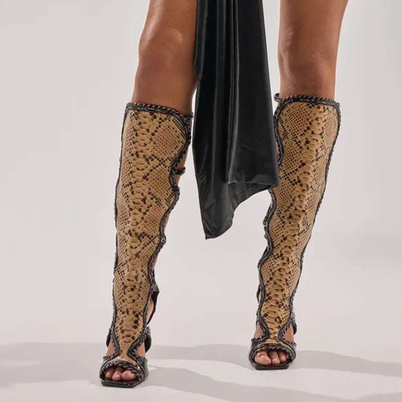 Boots – Patchwork Leather Hollow Out – Square Toe – Zipper Thick Heel | KIMLUD