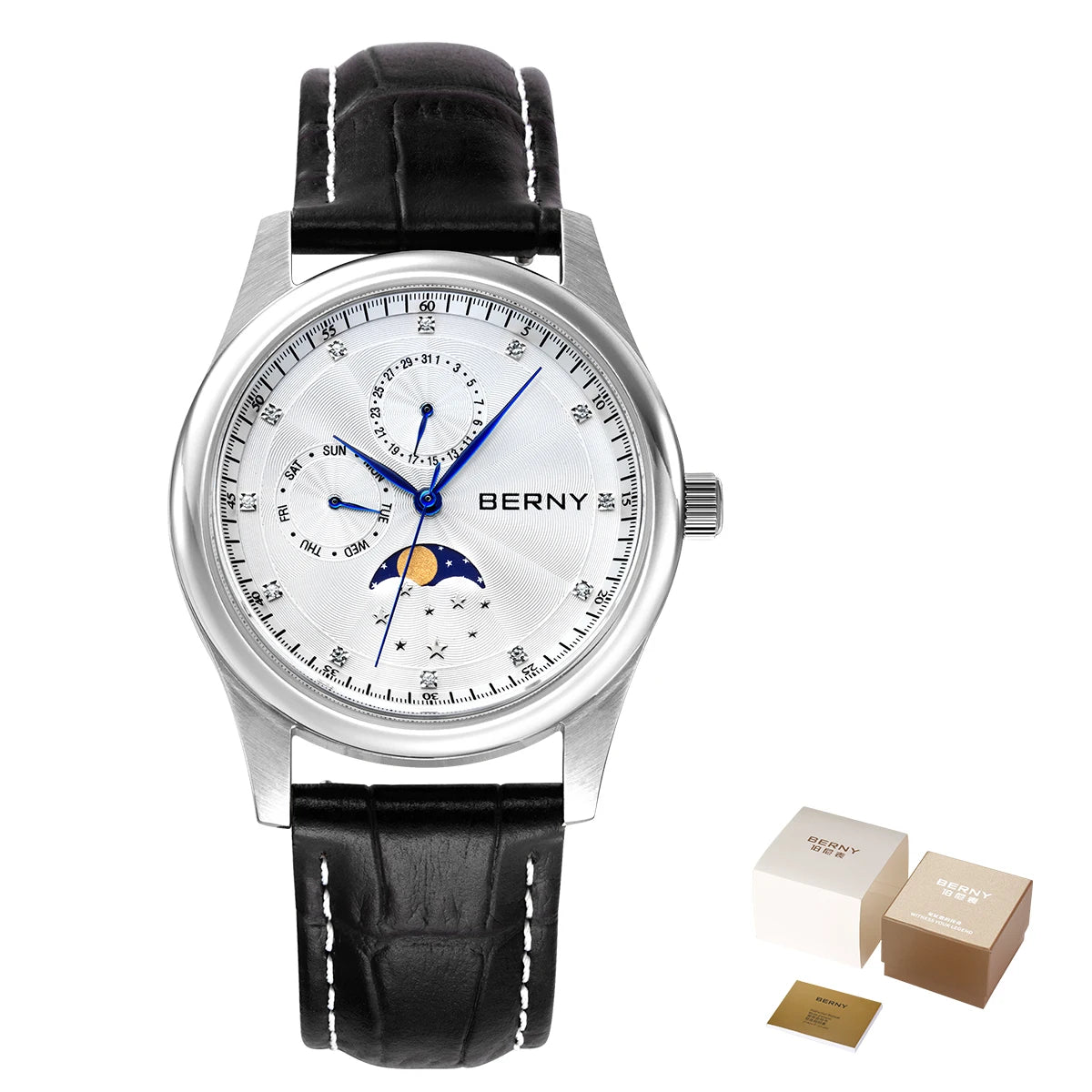 BERNY Men Watch Date Weeks Moon Phase Quartz Watches for Men Stainless Steel Leather Strap Business Wristwatch Male Clock