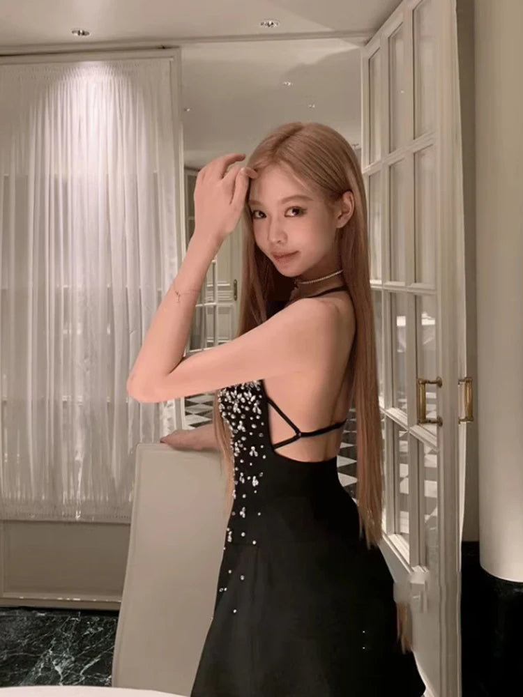 Spring Women Sleeveless Slash Neck Mini Dress New Luxury Diamonds Chest Wrapping Dresses Summer High Waist Backless A-line Dress