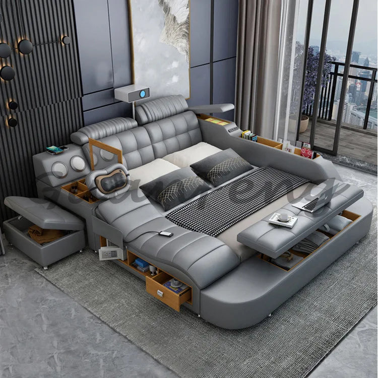 Hotsale Luxury Leather Smart Bed Multifunctional Bed Tatami King Size Platform Upholstered Fabric Soft Bed Storage Music Speaker