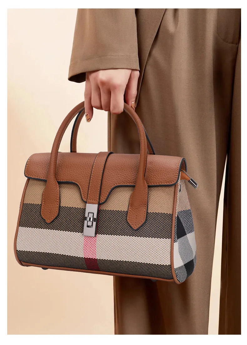 Canvas Patchwork Plaid Shoulder Bag Large Capacity — Tan | KIMLUD