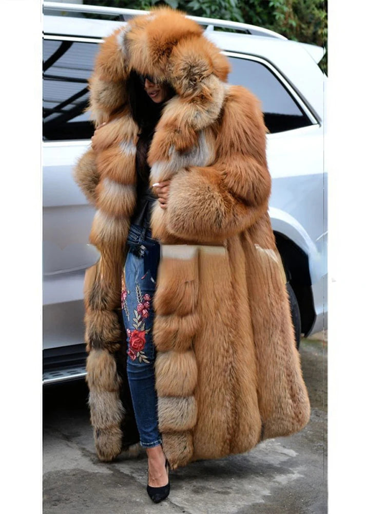 Winter Plus Size Longer Faux Fur Warm Coat Long Sleeve Coat Fox Fur Faux Fur Coat women's Long Hooded Fur all-in-one Fur Coat