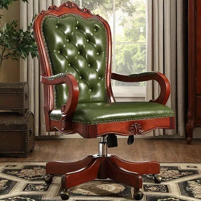 12American Genuine Leather Retro Carved Solid Wood Swivel Chair Office Chair Lift