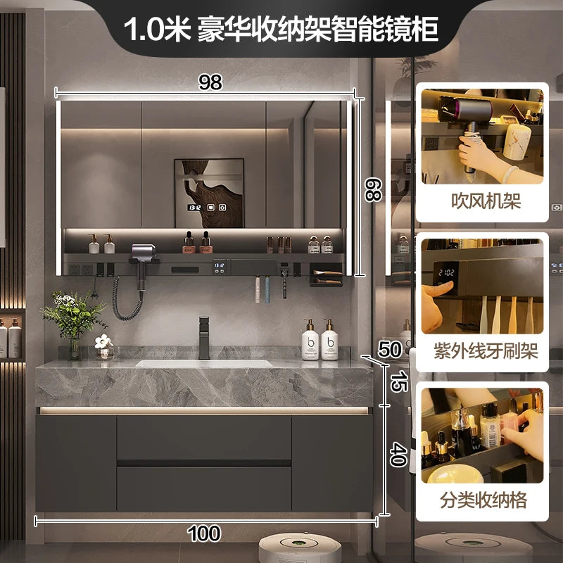 Solid Wood Vanity Cabinet With Marble Countertop And Integrated Mirror Lighting — White | KIMLUD