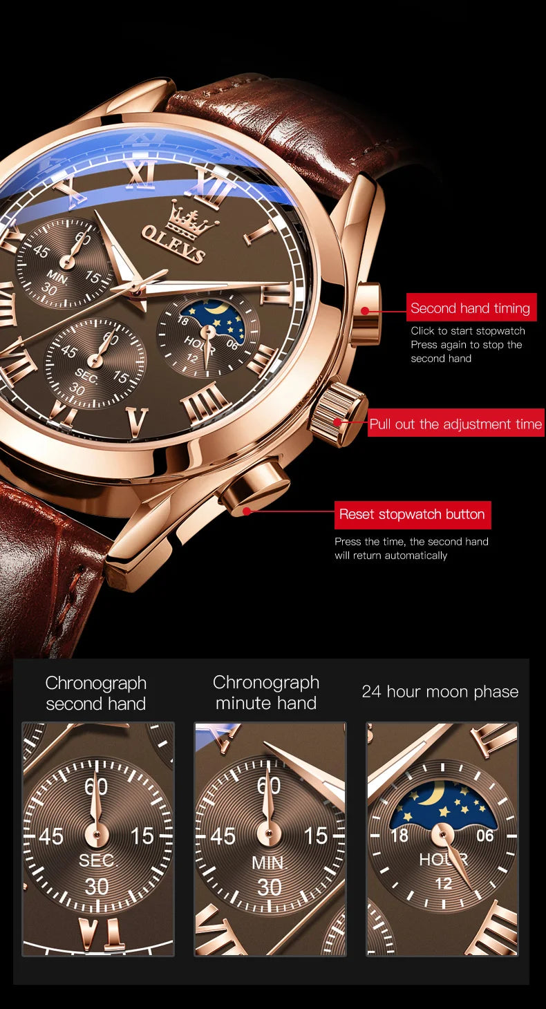 Rose-Gold Chronograph Moon Phase Watch Leather Strap — Black | KIMLUD