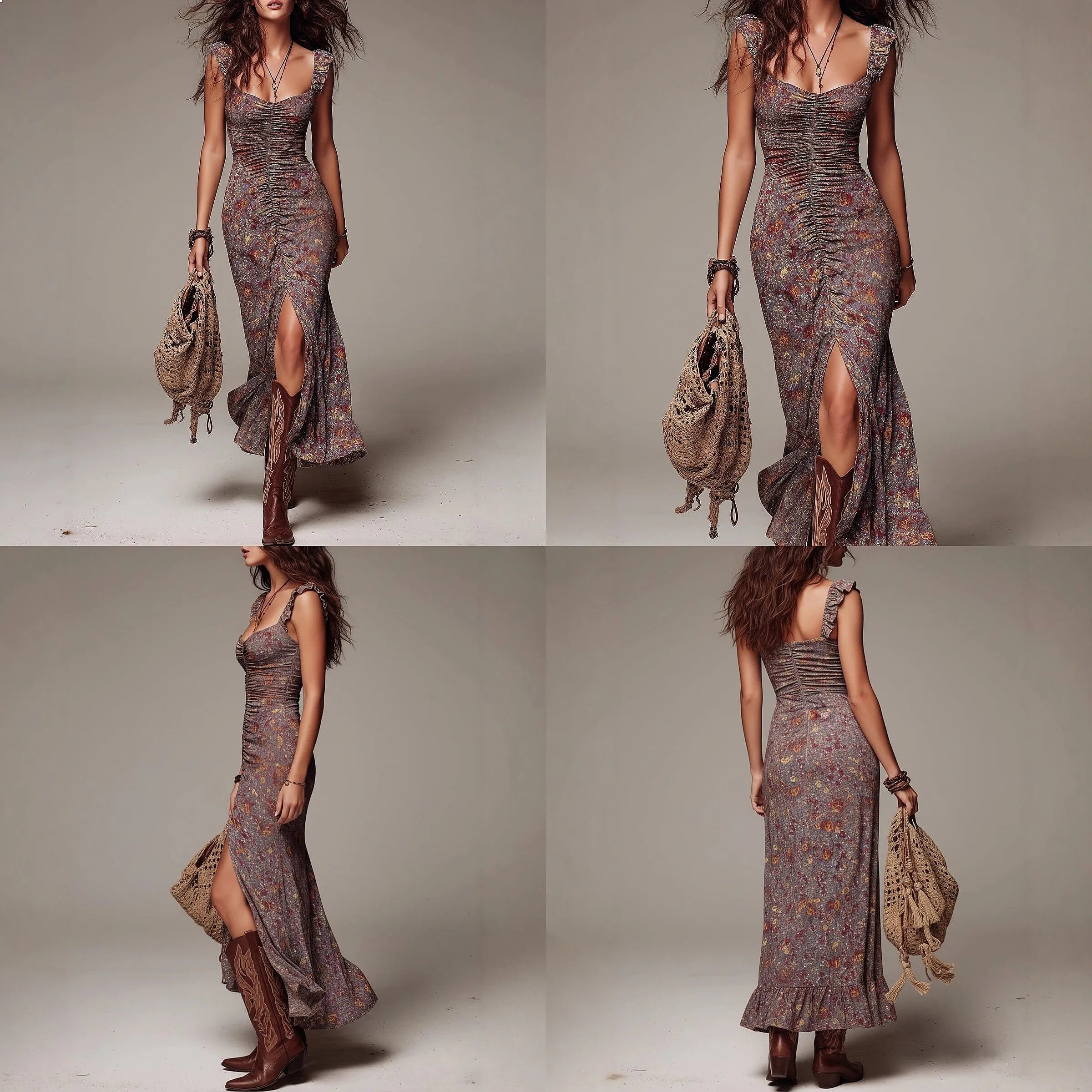 Retro Floral Wrap High Slit Bodycon Dress Boho Elastic Waist Long Dresses Spring Summer