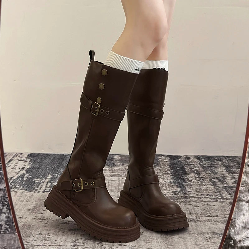 Winter Vintage Platform Thick Sole Woman Knight High Boots Concise Belt Buckle Front zipper Shoes Ladies Slim Modern Long Botas