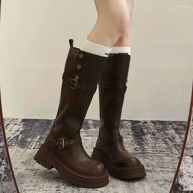 KIMLUD, Winter Vintage Platform Thick Sole Woman Knight High Boots Concise Belt Buckle Front zipper Shoes Ladies Slim Modern Long Botas, KIMLUD Womens Clothes