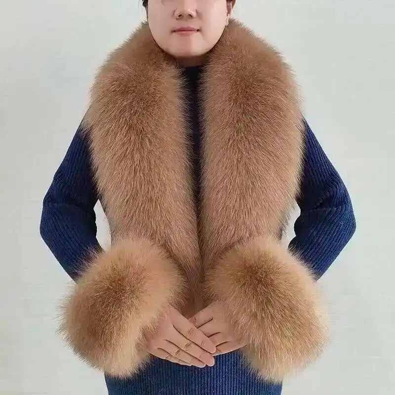 Fox Fur Solid Scarf And Cuff Set For Winter — Green | KIMLUD