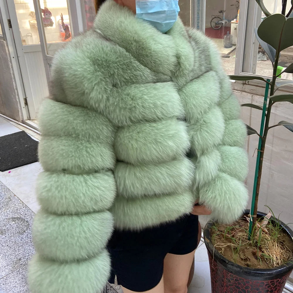 QUEENTINA Fox Fur Coat Real Winter New Outwears Women's Fashion Luxury Jacket High Quality Clothing Natural And Stand Collar