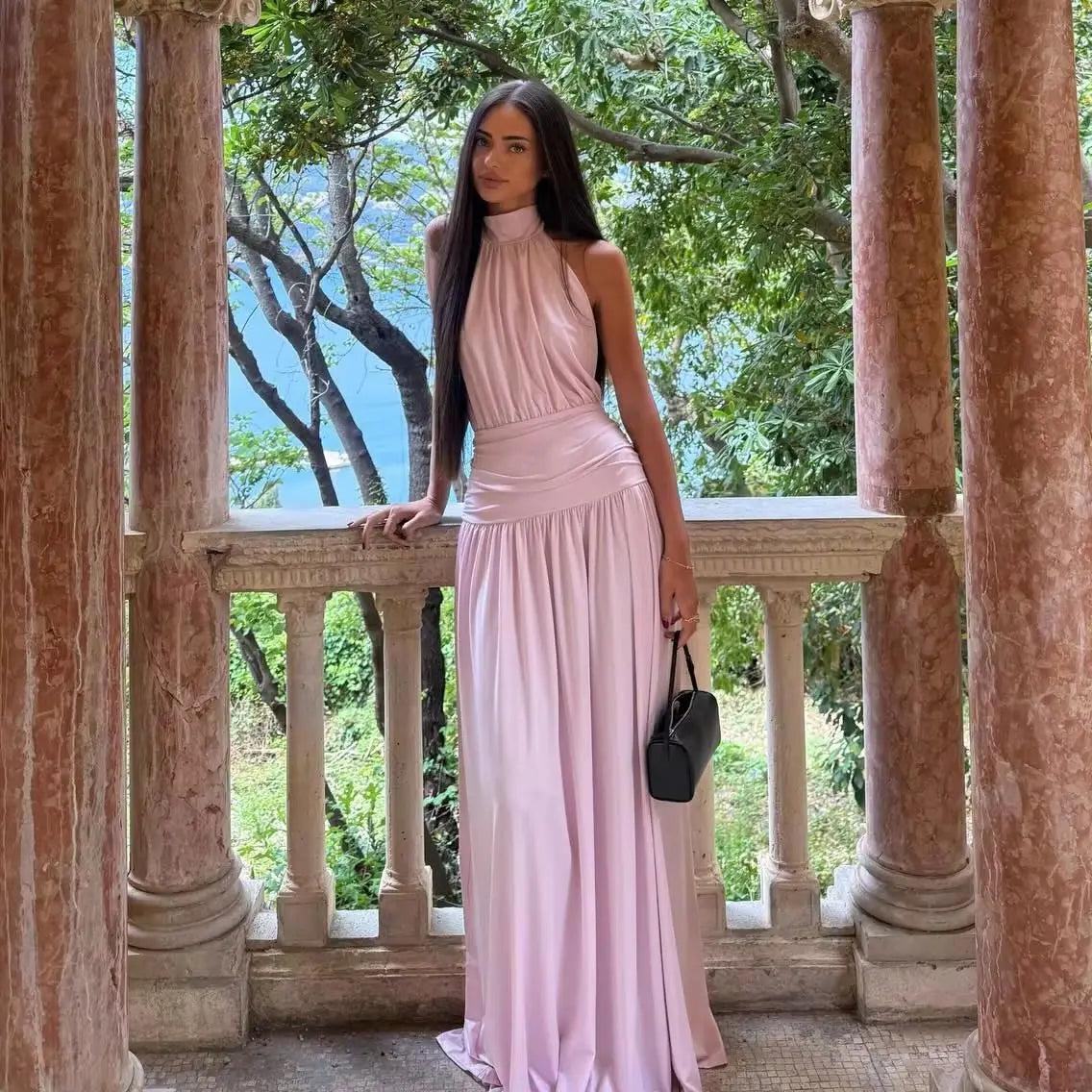 Evening Dress – Halter Neck – A-Line Silhouette – Blush Pink | KIMLUD