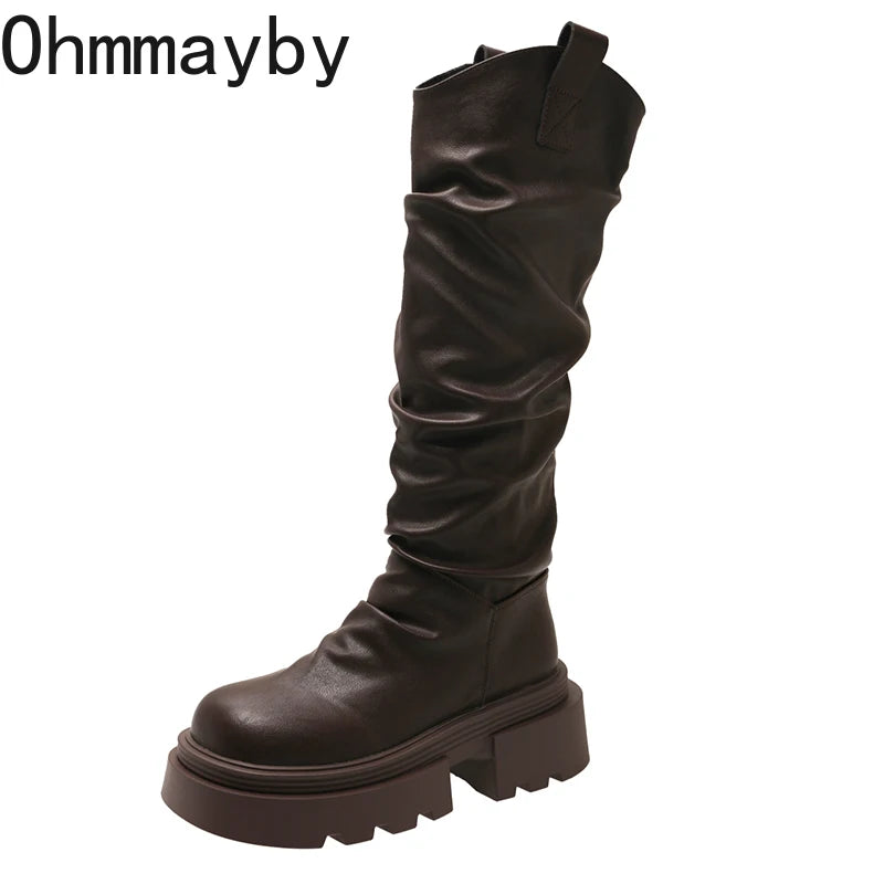 Autumn Winter Platform Thick Bottom Women Long Boots Fashion Slip On Shoes Vintage Ladies Knight Botas