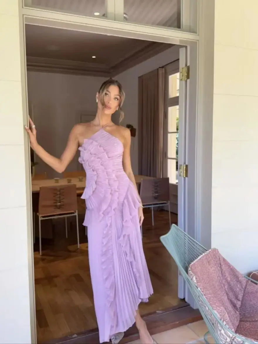 Chic Pleated Halter Long Dress Women High Quality Strapless Backless Ruffles Lotus Edge Maxi Dress 2025 Nw Lady Vacation Gowns