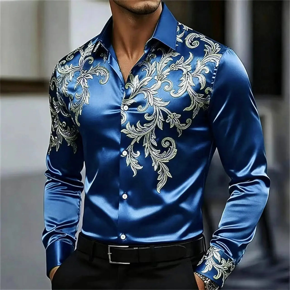 Men's Satin Paisley Print Shirt – Silk Polyester | KIMLUD
