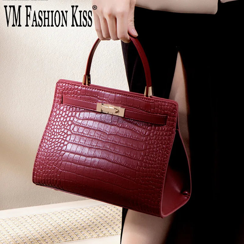 PU Leather Crocodile Satchel Bag — Burgundy | KIMLUD