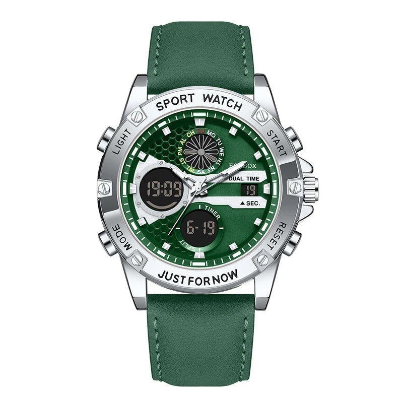 LIGE FOXBOX Fashion Electronic Watches for Men Leather Military Casual Sports Waterproof Dual Digital Display Quartz Chronograph