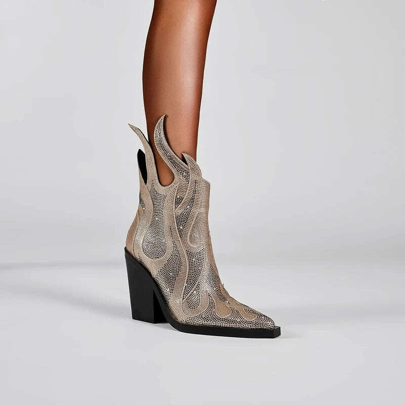 KIMLUD, Women's new spring and autumn pointed fashion show rhinestone high heels, plus size zipper calf fashion boots, KIMLUD Womens Clothes