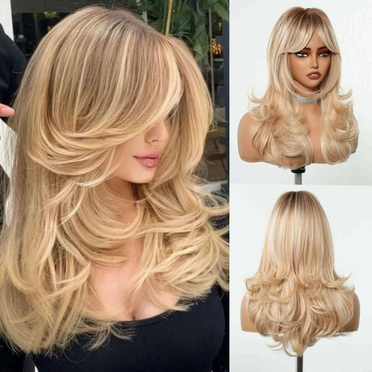 KIMLUD, Golden Blonde Mixed Synthetic Wig Dark Root Wavy Hair With Side Bangs for Women Daily Party Cosplay wig Heat Resistant Fiber, KIMLUD Womens Clothes