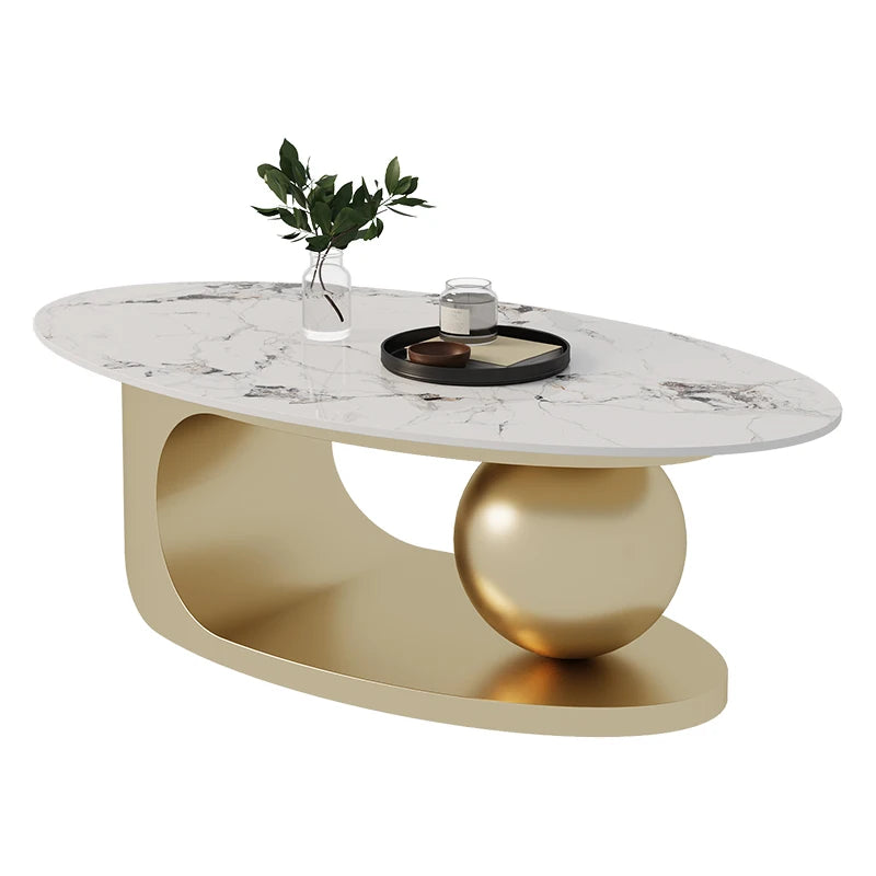 Nordic Designer Minimalist Coffee Table Oval Silhouette Rock Slab Top — Ivory White | KIMLUD