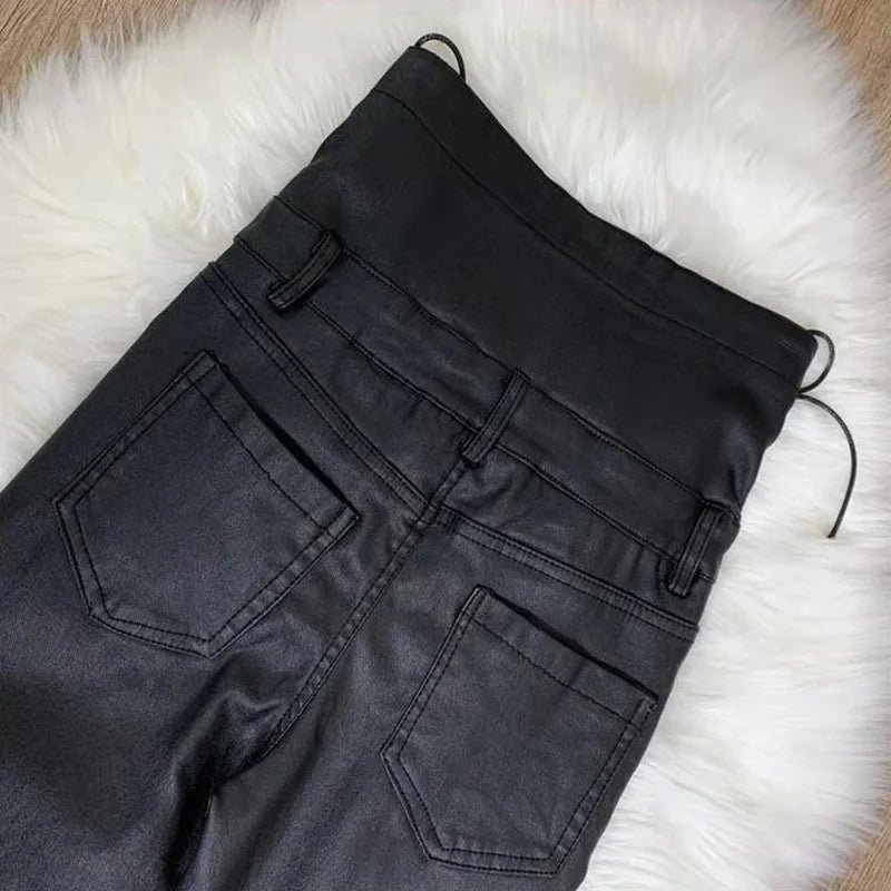 Women High Waisted Faux Leather Pants PU Leggings Single-Breasted Plus Velvet Matte Skinny Leggings Black Sexy Pencil Pants C275