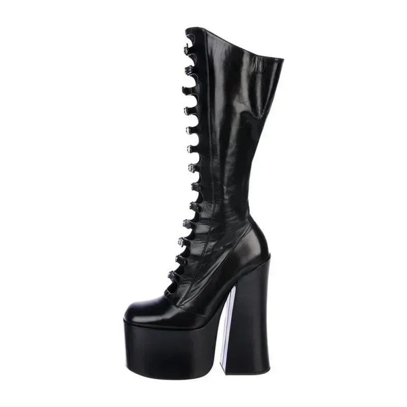 PU Knee-High Mary Jane Boots Belt Buckle Patchwork — Warm Tan | KIMLUD