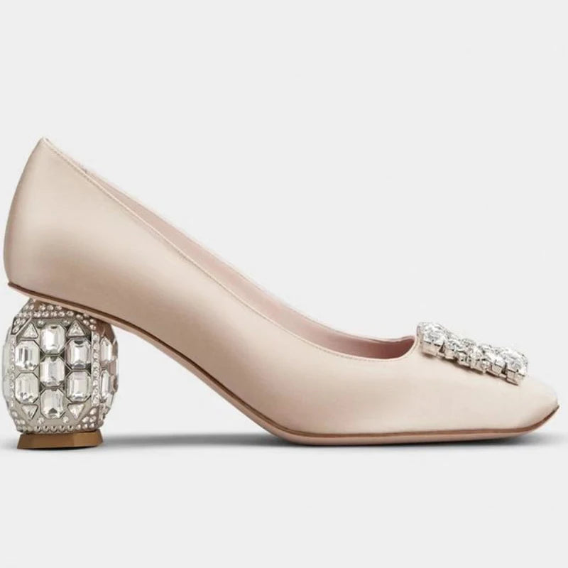 Satin Rhinestone High Heels Square Toe — Champagne | KIMLUD