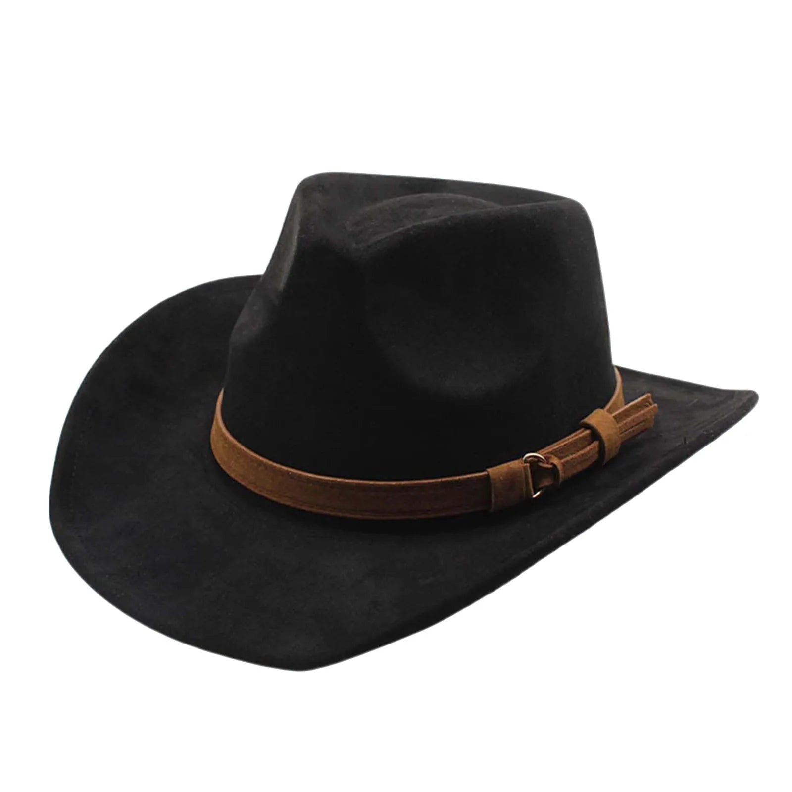 Felt Cowgirl Hat With Belt And Wide Soft Brim — Black | KIMLUD