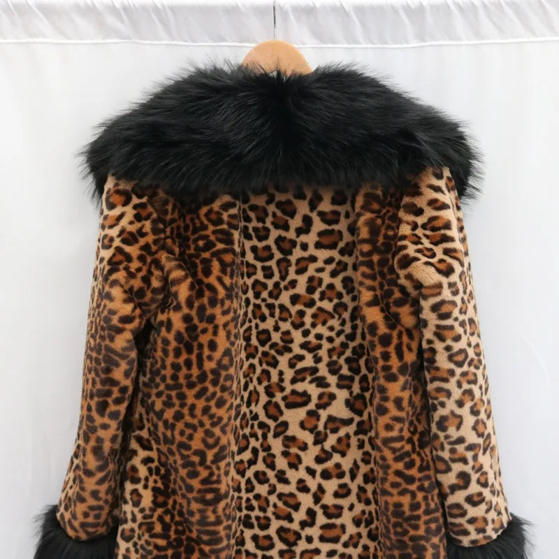 Women's Clothing Leopard Print Coat Long Coat Mink Fur Overcoat Fox Fur Fur Collar Winter Warm Windbreaker Loose Fit Plus Size