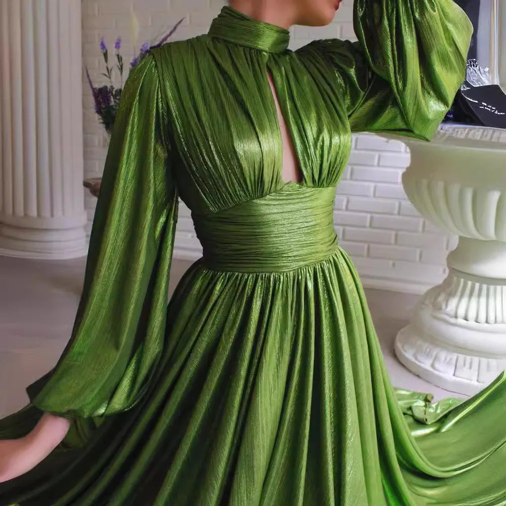 Satin-Effect Polyester Dress With Hanging-Neck — Avocado Green | KIMLUD