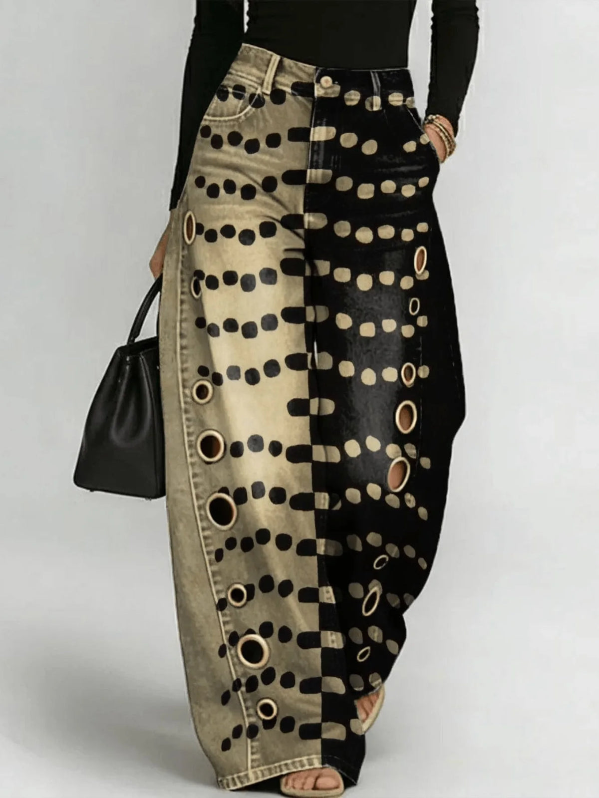 Wide Leg Denim Jeans – Asymmetric Two Tone Polka Dot Print Eyelet Detail – Denim | KIMLUD