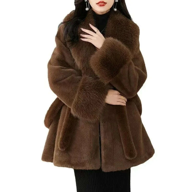KIMLUD, Luxury Vintage Faux Fur Coat Women Fur Collar Long Sleeve with Belt Oversized Fur Jacket Warm Thick Winter Cardigan Lady's Coats, KIMLUD Womens Clothes