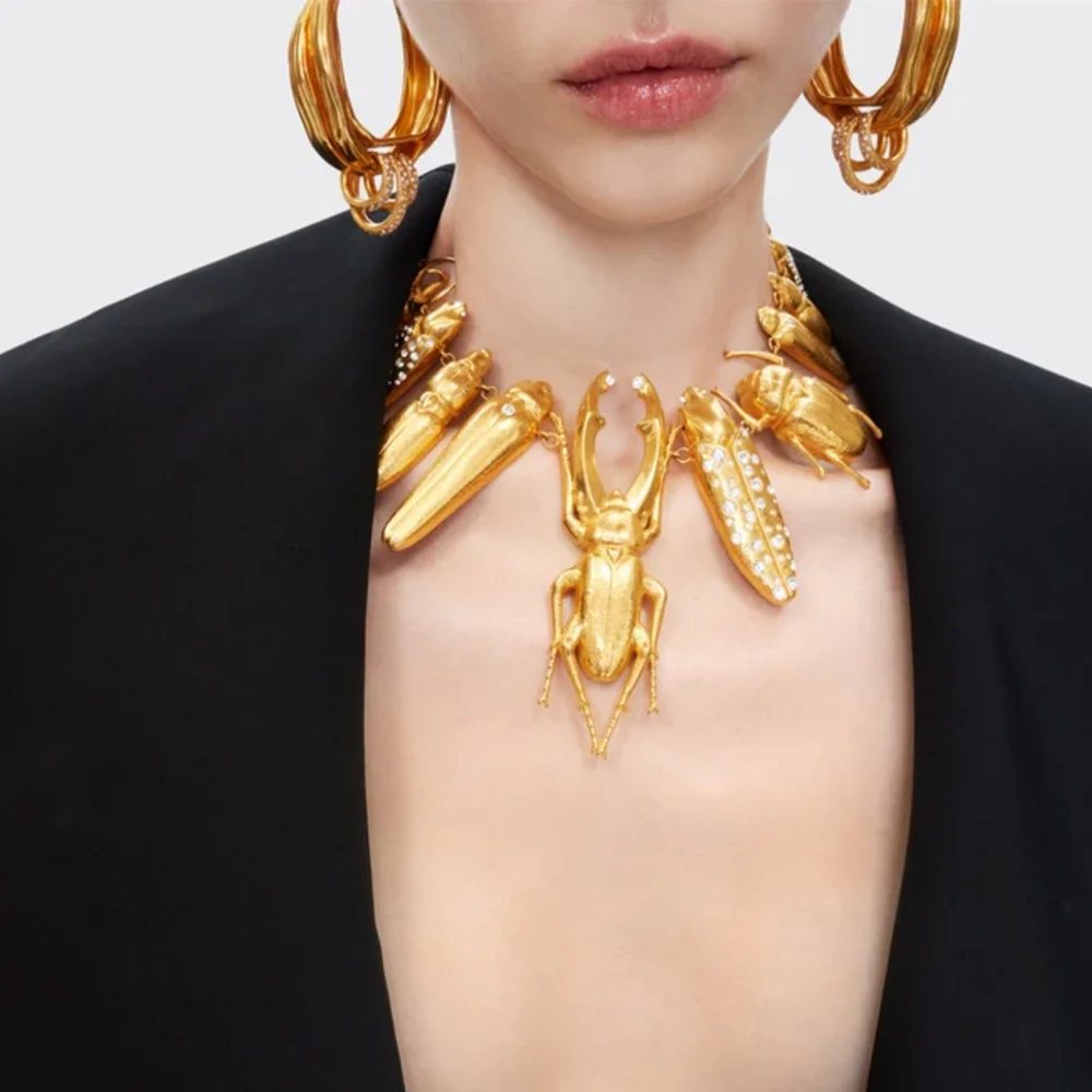 Gold-Plated Metal Alloy Chunky Necklace Multi Bug Charms — Gold | KIMLUD
