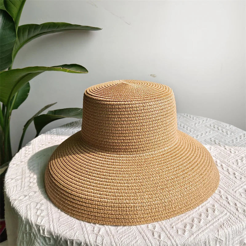 Straw Hepburn Sun Hat Wide Brim Foldable — Natural | KIMLUD
