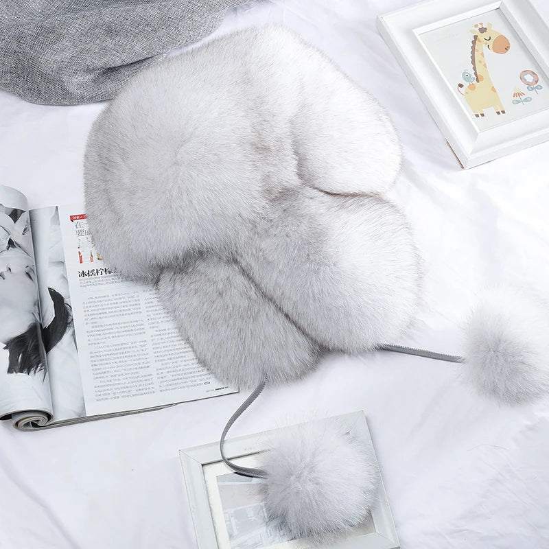 2025 Winter 100% Real Silver Fox Fur Bomber Hat Raccoon Fur Ushanka Cap Trapper Russian Men's Ski Hats Caps