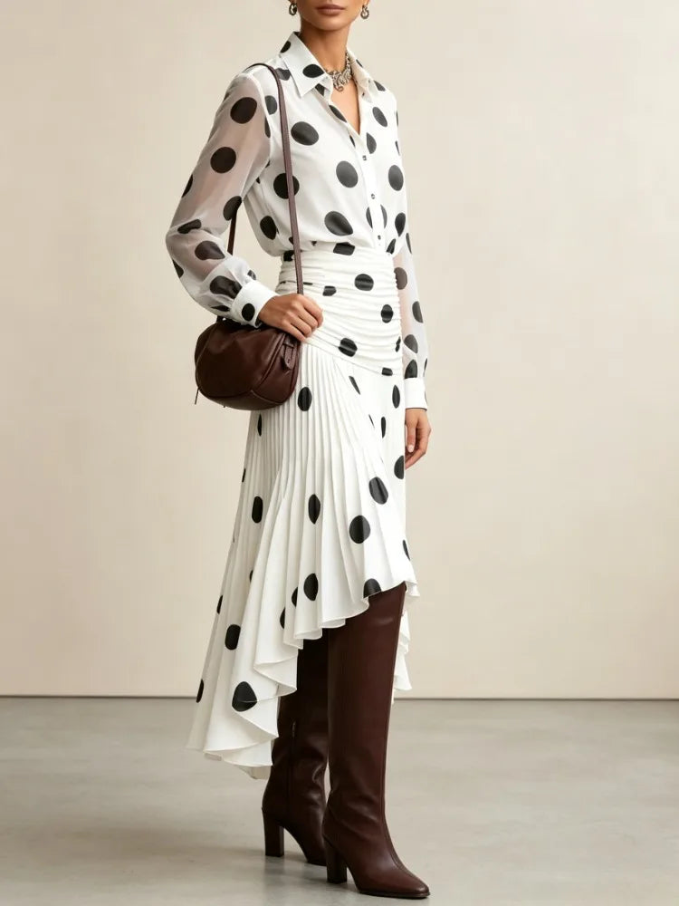 Vintage Polka Dot Chiffon Shirt — Semi-Sheer Long Sleeve Blouse